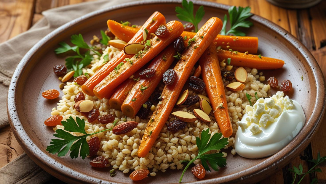 Ras-el-Hanout Möhren mit Bulgur, Rosinen und Mandeln