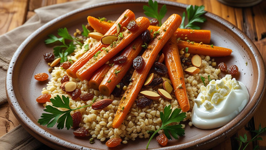 Ras-el-Hanout Möhren mit Bulgur, Rosinen und Mandeln