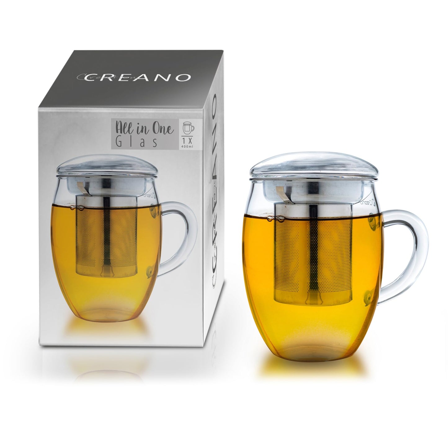 Große Teetasse mit Edelstahlsieb und Deckel aus Glas