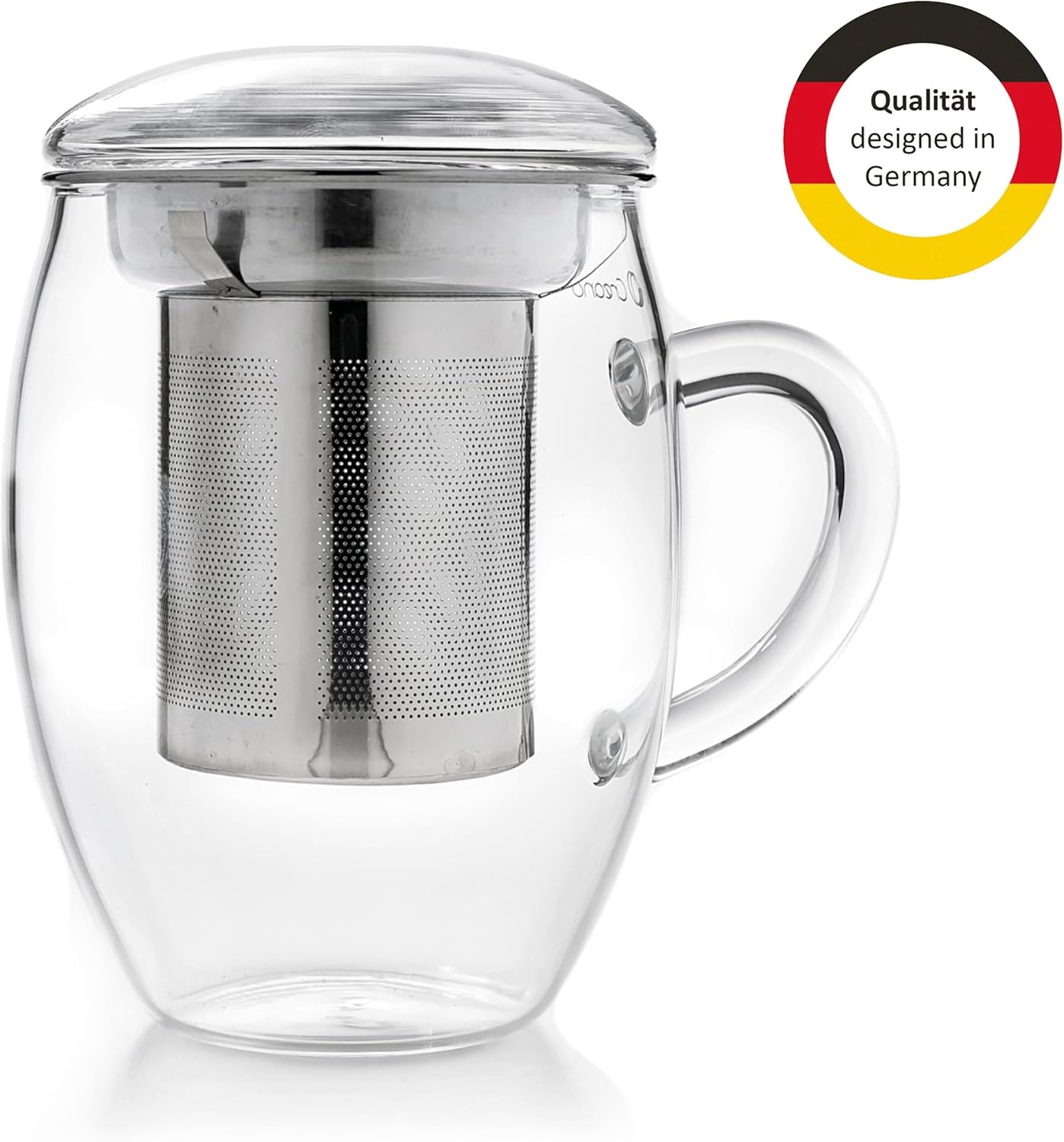 Große Teetasse mit Edelstahlsieb und Deckel aus Glas