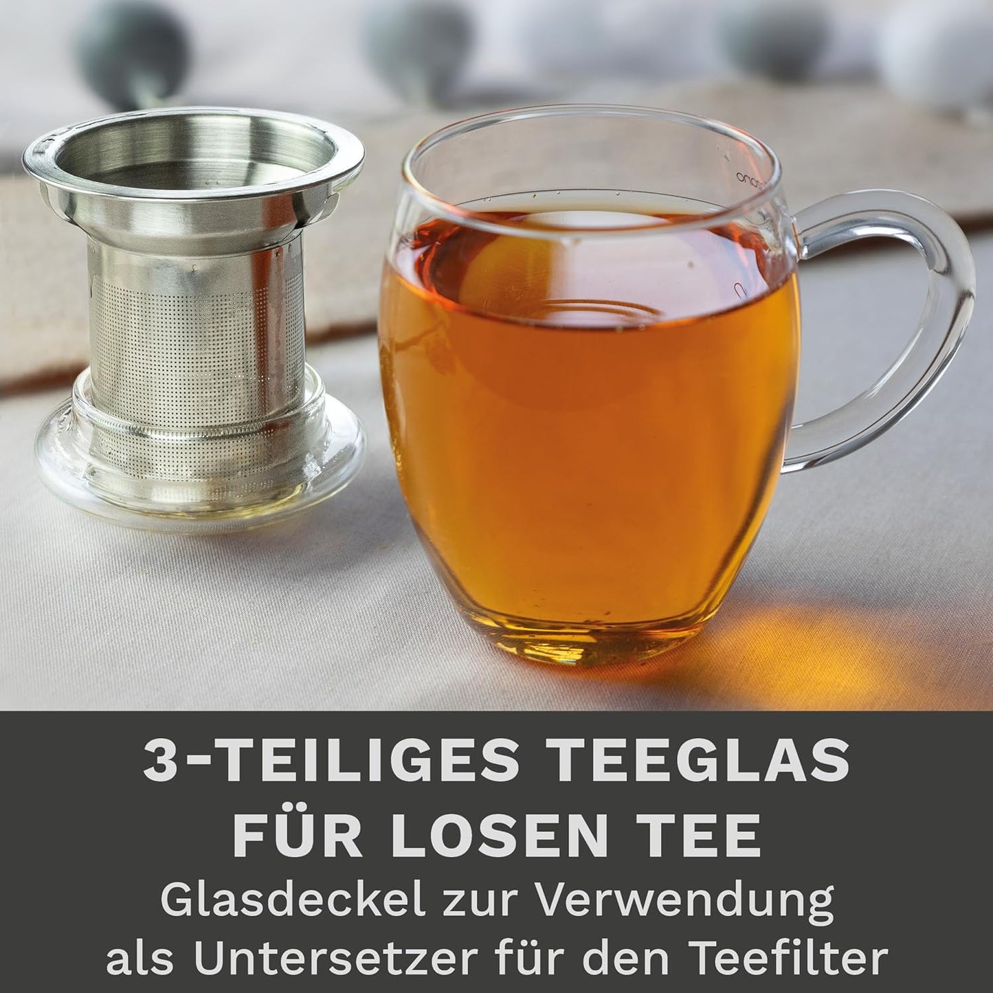 Große Teetasse mit Edelstahlsieb und Deckel aus Glas