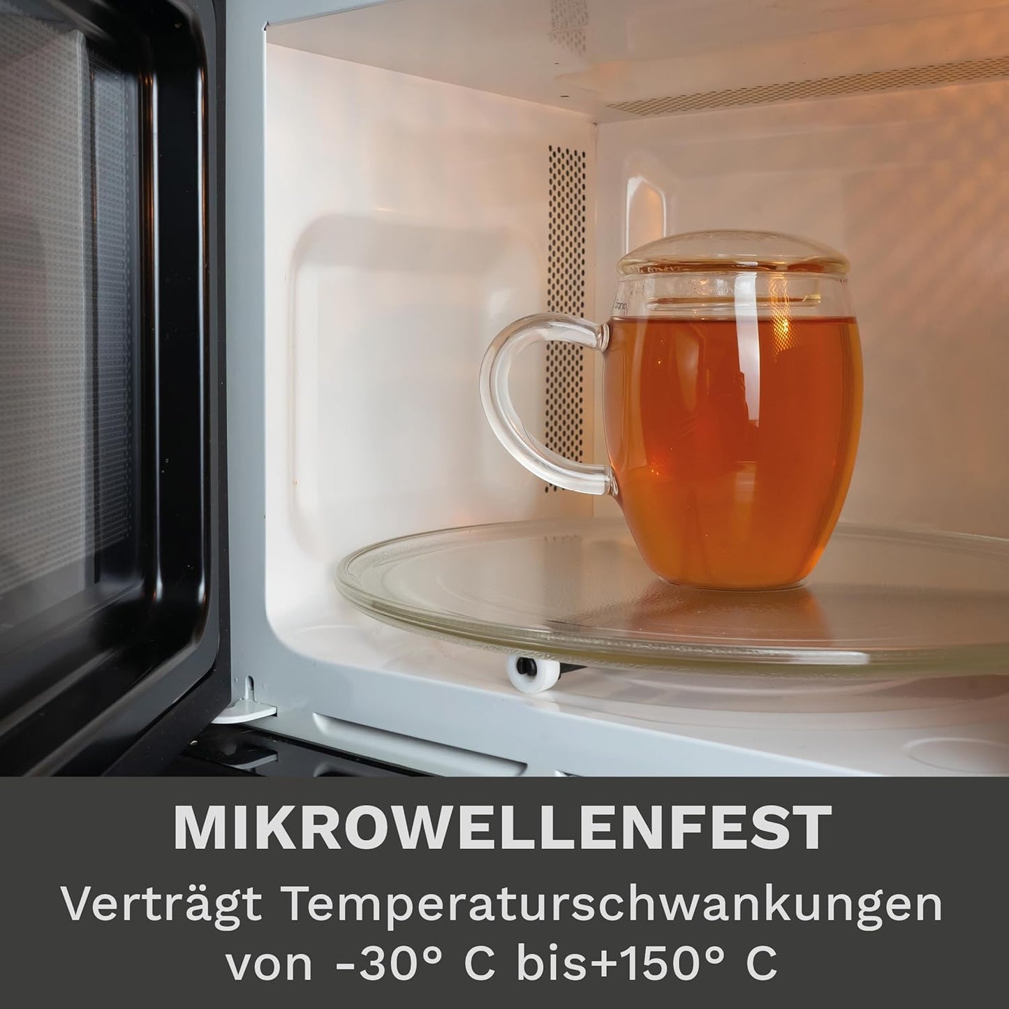 Große Teetasse mit Edelstahlsieb und Deckel aus Glas