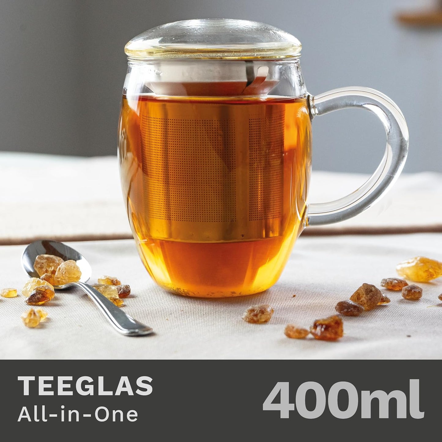 Große Teetasse mit Edelstahlsieb und Deckel aus Glas