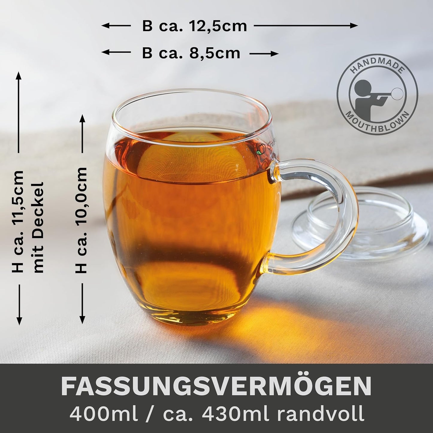 Große Teetasse mit Edelstahlsieb und Deckel aus Glas