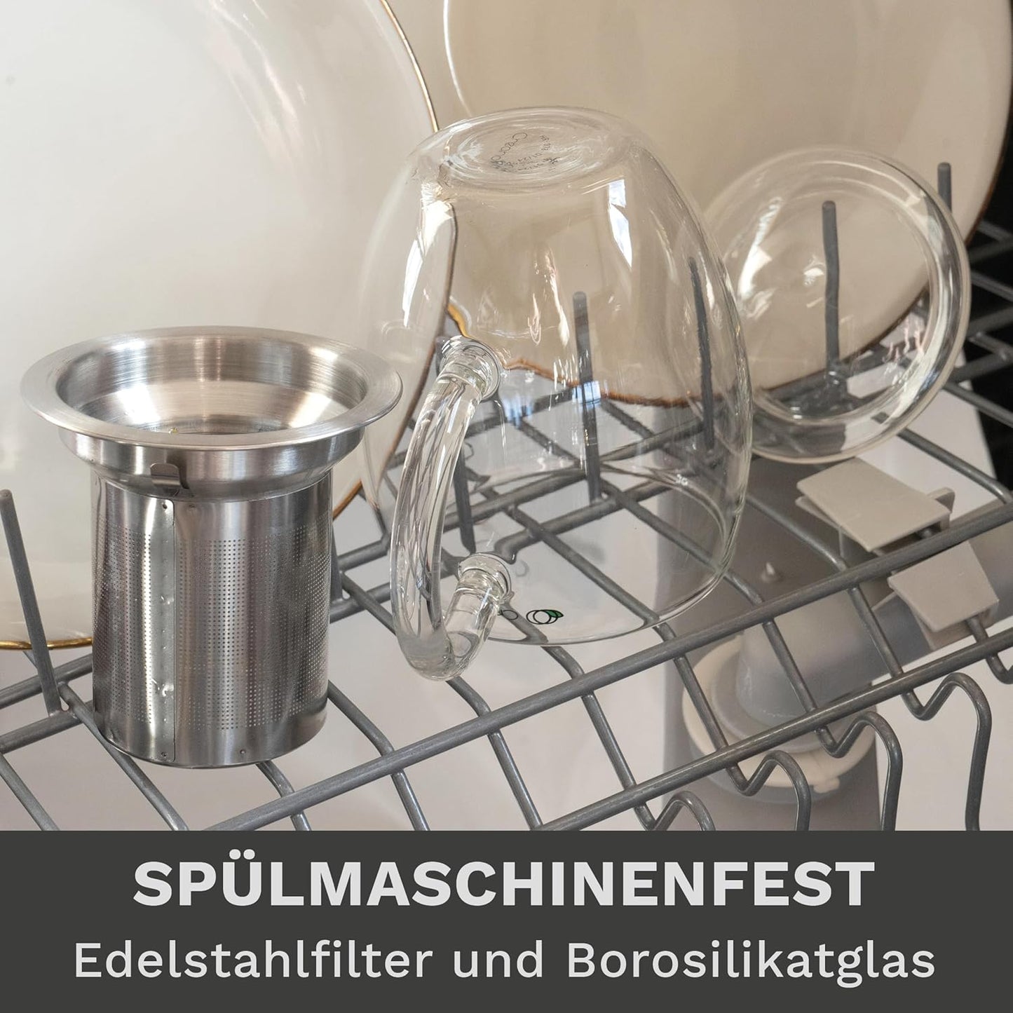 Große Teetasse mit Edelstahlsieb und Deckel aus Glas