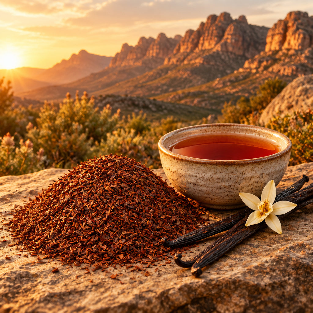 Lose, rotbraune Rooibos-Tee-Mischung mit feiner und leicht grober Textur, Rooibusch Vanille Tee & Infusionen.