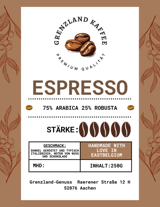 Kaffeepaket 'ESPRESSO' mit 75% Arabica und 25% Robusta, dunkle italienische Röstung, 250g, handgefertigt in Ostbelgien.