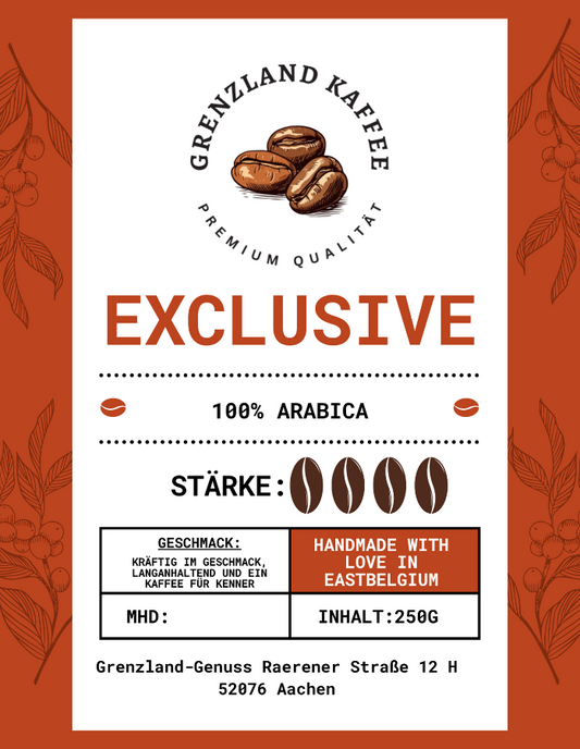 Kaffeepackung mit dem Titel 'EXCLUSIVE', 100% ARABICA, handgemacht in Ostbelgien, 250g, mit Kaffeebohnen-Illustration.