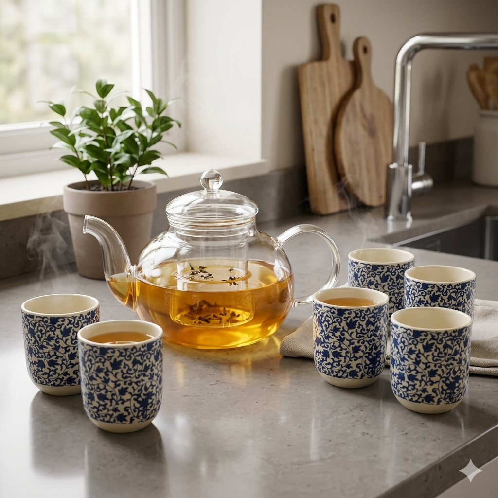 Tee-Set Glas-Keramik-Tassen und Kanne-Grenzland-Genuss
