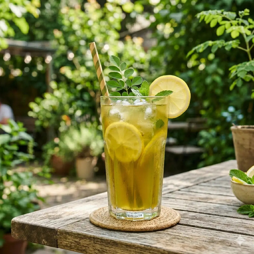 Rezept für selbstgemachten Moringa Lemon-Ingwer Eistee Grenzland-Genuss