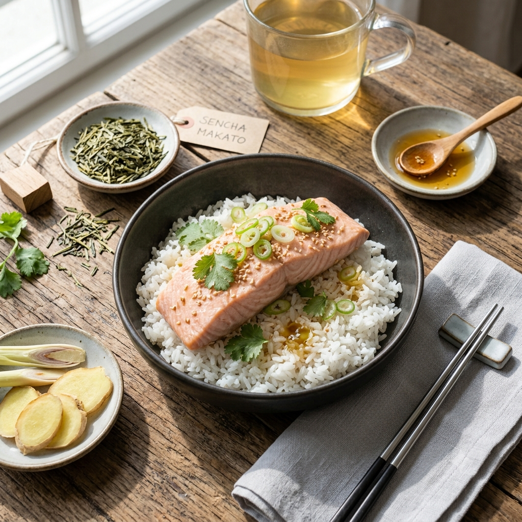 Pochierter Lachs im Sencha-Ingwer-Sud