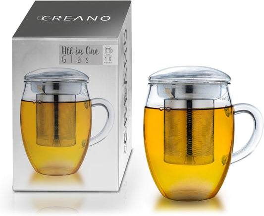 Große Teetasse mit Edelstahlsieb und Deckel aus Glas