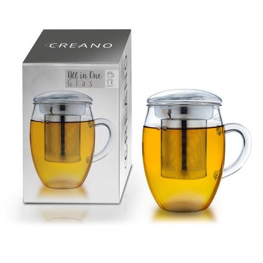 Große Teetasse mit Edelstahlsieb und Deckel aus Glas