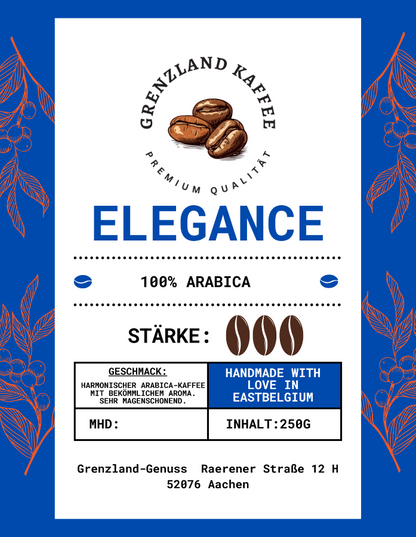 Elegance Arabica-Kaffee in blauer Verpackung mit Illustrationen von Kaffeebohnen, handgemacht in Ostbelgien.