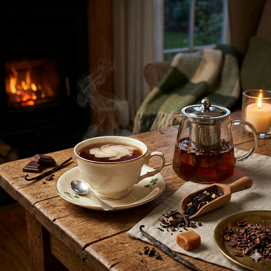 Tasse mit dampfendem Tee auf einem Holztisch, umgeben von Schokolade, Karamell und einer Teekanne, die Irish Cream No. 1 zeigt.