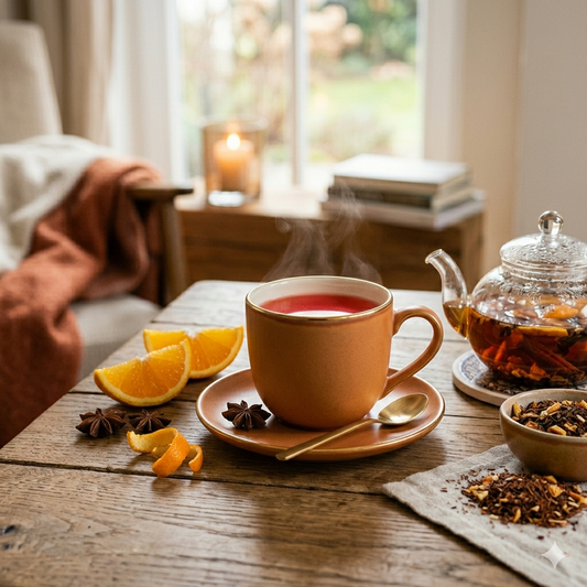 Eine dampfende Tasse Tee auf einem Holztisch, umgeben von Orangenscheiben und Sternanis, mit einer Teekanne und losem Tee.