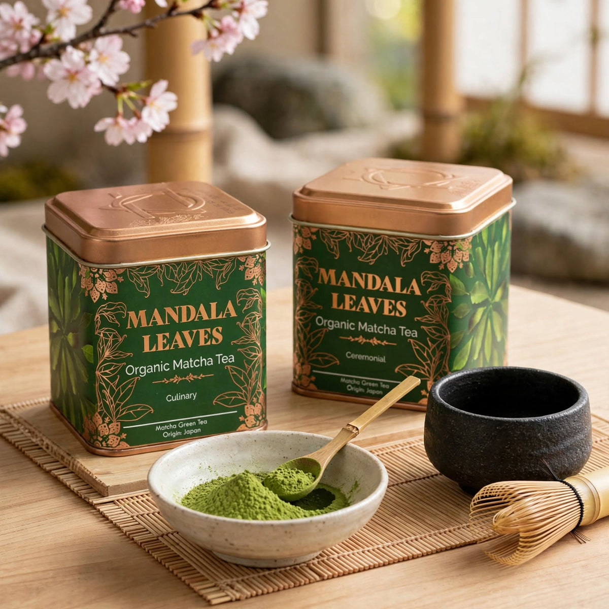 Zwei grüne Dosen mit Bio-Matcha Tee für Zeremonie und Küche, dazu eine Schale mit grünem Pulver und ein Bambusbesen.